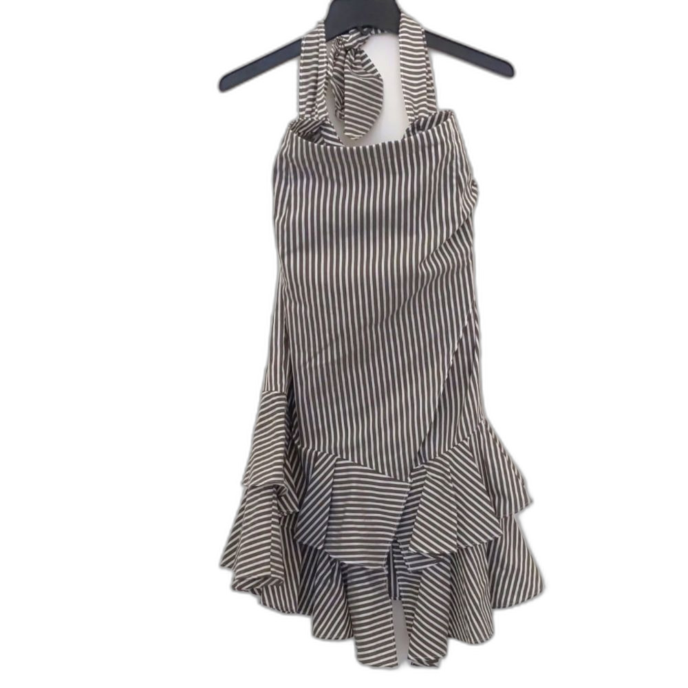 NEW Womens' Vertical Gray White Stripe Open Back Halter Ruffled Dress Size 14